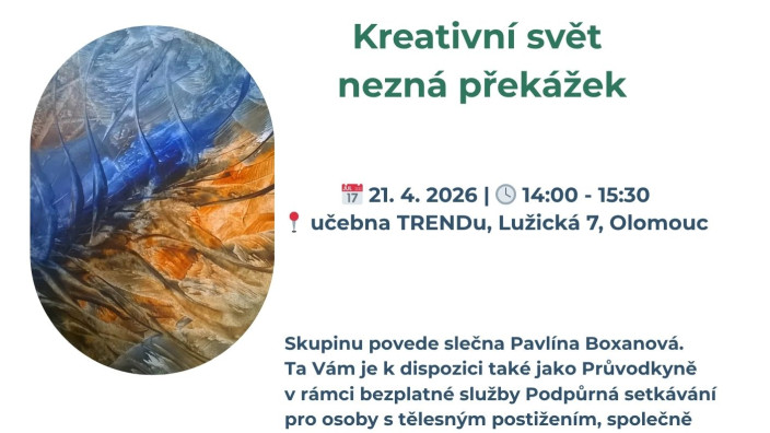 Pozvánka na podpůrné setkání pro osoby s tělesným postižením: Kreativní svět nezná překážek 21.4. 2026